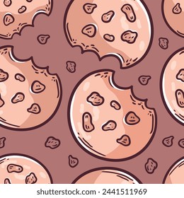 Cute bitten doodle sweet cookie with chocolate. Vector seamless pattern.