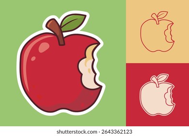 Cute bitten red apple sticker with outline versions