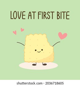 Cute bitten yellow biscuit with quote "Love at first bite" on pastel green background. Dessert and food pun for card design in love concept