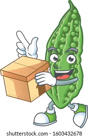 Cute bitter melon cartoon character style holding a box