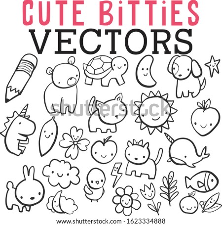 Cute bitty baby animals including bear, cat, puppy, and bunny and sweet matching vectors including pencil, moon, flower, and sun