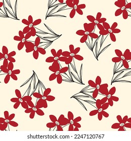 Cute bizarre red flowers seamless pattern in doodle style