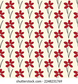 Cute bizarre red flowers seamless pattern in doodle style