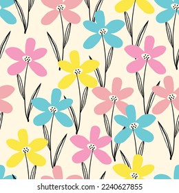 Cute bizarre spring wild flowers seamless pattern in doodle style