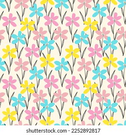 Cute bizarre spring wild flowers seamless pattern in doodle style