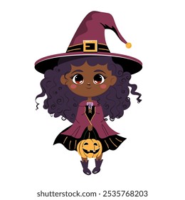 Cute black African American Halloween witch girl. Kawaii vector illustration. Kid wearing Halloween costume