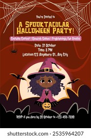 Cute black African American Halloween witch girl holding pumpkin. Kawaii illustrative Halloween party invitation template. Kid wearing Halloween costume cartoon invite.