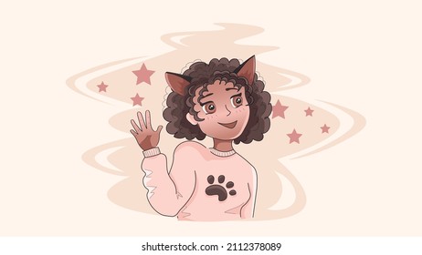 Cute black anime girl wearing a beige sweater with cat footprint saying "Hi!" and smiling. Cat's ears.
