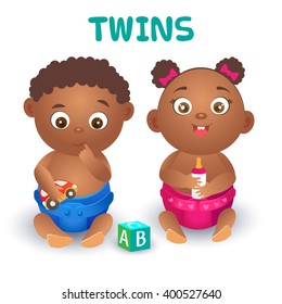 cute black babies were twins in diapers. Beautiful smart kids playing games on the white backgraund