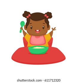 Cute Black Baby Girl Eating Cartoon Illustration Vector