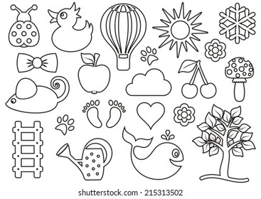 Cute black baby icons outline collection on white