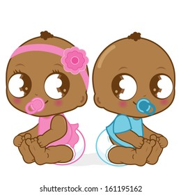 Cute black baby toddlers, a baby girl and a baby boy. African American babies, a girl and a boy. Vector Illustration