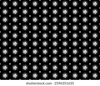 Cute black background with flowers and dots pattern, vector illustration.