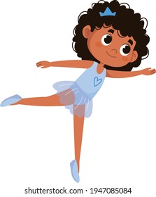 Cute black ballerina dancing. The child is standing in a pose. girls ballet friends illustration cover design in vector. Kid in a crown and a festive blue dress clipart