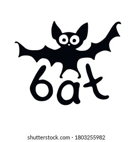 Cute black bat drawn in cartoon flat style. Vector silhouette illustration isolated on white background. For halloween design, greeting card