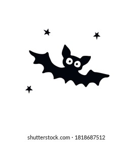 Cute black bat drawn in cartoon flat style. Vector silhouette illustration isolated on white background. For halloween design, greeting card