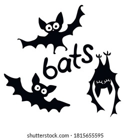 Cute black bats drawn in cartoon flat style. Vector black silhouette illustration isolated on white background. For halloween design, greeting card