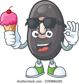 Cute black beans cartoon character with ice cream