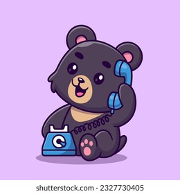 Llamada Cute Black Bear Con Icono Del Vector De Dibujo Telefónico. Vector Premium Aislado De Icono De Tecnología Animal. Estilo de dibujo plano