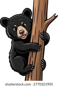 Cute black bear cub climbing a tree trunk with climbing wildlife babyhood juvenile childish innocent adorable appealing attractive charming delightful