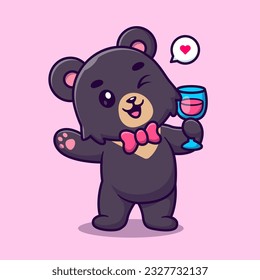 Cute Black Bear Drinking Juice Cartoon Vector Icon Illustration. Animal Drink Icon Concept Isolated Premium Vector. Flat Cartoon Style