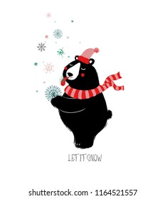 Cute black bear is enjoying the winter snowfall. Greeting card with phrase: let it snow.