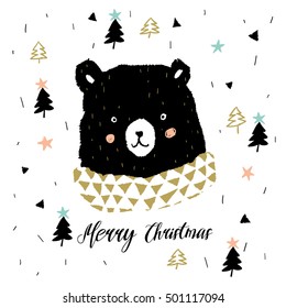 Cute black bear head with message Merry Christmas. Xmas design for the poster, greeting card, tee shirt. Vector hand drawn illustration. Winter time animal on the white background with snow.