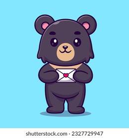 Cute Black Bear Holding Love Envelope Cartoon Vector Icon Illustration. Animal Love Icon Concept Isolated Premium Vector. Flat Cartoon Style