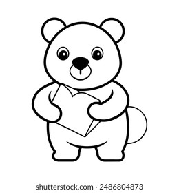 Cute black bear holding love envelope cartoon vector line art illustration