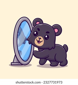 Cute Black Bear Look At Mirror Cartoon Vector Icon Illustration. Animal Object Icon Concept Isolated Premium Vector. Flat Cartoon Style