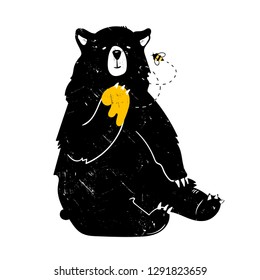 Cute Black Bear With Paw In Honey. Hand Drawn Vector Illustration