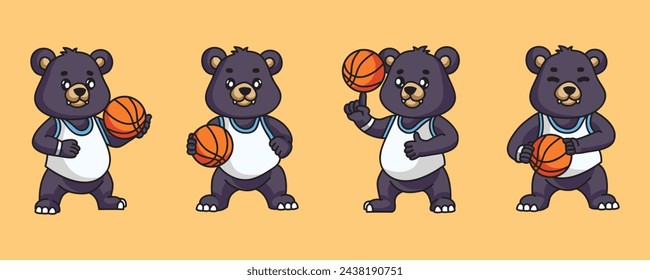Cute Black Bear Playing Basketball. Character Icon Concept Isolated Premium Vector. Flat Cartoon Concept for Event. Cute Doodle Cartoon Illustration Style. Suitable for any Project