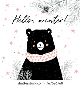 Cute black bear with quote Hello winter. Xmas design for the poster, greeting card. Vector hand drawn illustration. Forest animal on the white background with snow and pink stars.