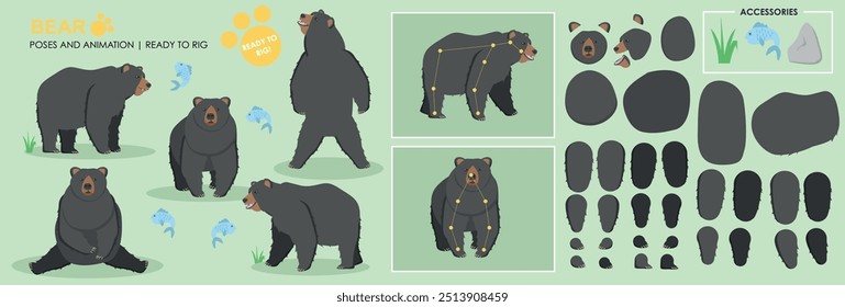 Oso negro lindo listo para la animación rigging, múltiples poses, colección de múltiples ángulos incluyendo accesorios, paquete de Vector de personaje de oso de peluche de dibujos animados.