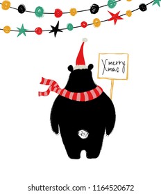 Cute black bear in Santa's hat turned his back and holding message board. Christmas and New Year greeting card.