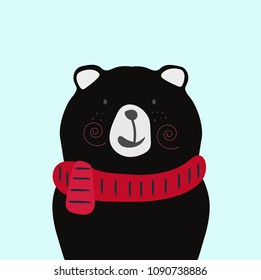 Cute black bear with Scarf isolate on blue background. vector design. illustration 