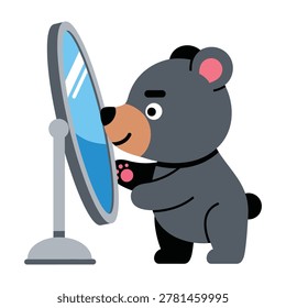 A cute black bear stands and looks at its own reflection in a standing oval mirror. The flat style character expresses curiosity in a simple and clean white setting.