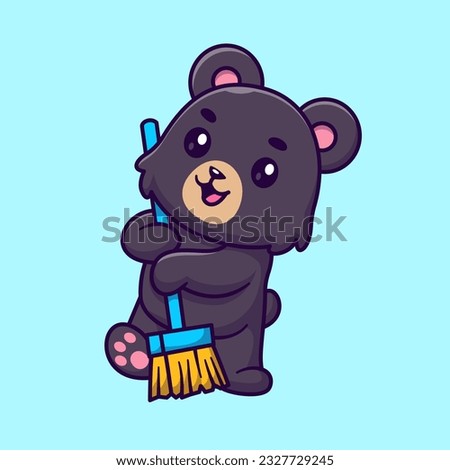 Cute Black Bear Sweeping Floor With Broom Cartoon Vector Icon Illustration. Animal Healthy Icon Concept Isolated Premium Vector. Flat Cartoon Style