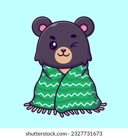 Cute Black Bear Wearing Blanket Cartoon Vector Icon Illustration. Animal Nature Icon Concept Isolated Premium Vector. Flat Cartoon Style