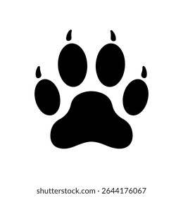 Cute black big cat paw print silhouette vector flat illustration on white background.