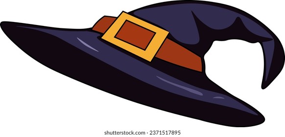 A cute black and blue witch hat with a belt on her head