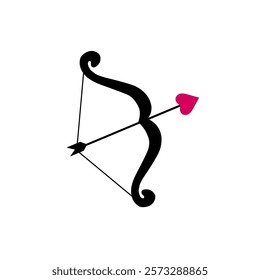 Cute black Cupid’s bow and arrow with heart shape decor. Perfect design element for romantic event, wedding, St. Valentine’s Day 