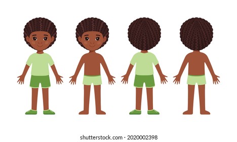 Cute Black Boy mit Afro Haarstil Stands. Vordere Rückansicht. Kind trägt Kleidung, ein T-Shirt, Shorts, Schuhe und Unterwäsche. Einziger glücklicher Schuljunge in Schwimmbädern. Flacher Cartoon-Stil. Vektorgrafik