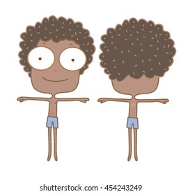 Cute black boy body front and back on white background,illustration.