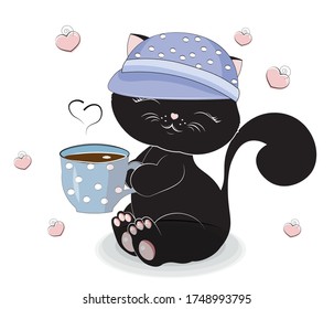 Cute black boy cat, kitten, in cap with cup of hot tea, chocolate, coffee. Picture in hand drawing style, for t-shirt wear fashion print design, greeting card, postcard. baby shower. party invitation