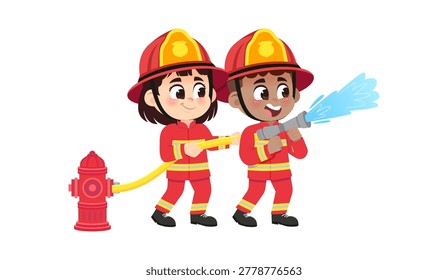 Cute Black Boy Firefighter Spraying Water Hydrant Vector Cartoon Illustration