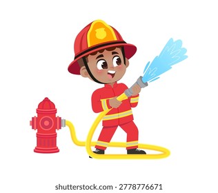 Cute Black Boy Firefighter Spraying Fire Hydrant Action Cartoon Vector