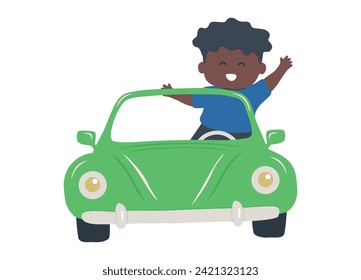 Cute black boy in a green car. Child smiles and waves his hand. Boy rides in a toy retro car. Vector illustration