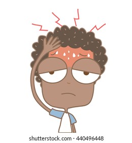 Cute black boy headache on white background,illustration.