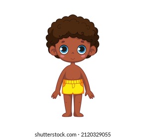 A cute black boy in red swimming trunks. Children's illustration of an African child. Vector illustration in cartoon childish style. Isolated funny clipart. Cute baby print on vacation at the beach.